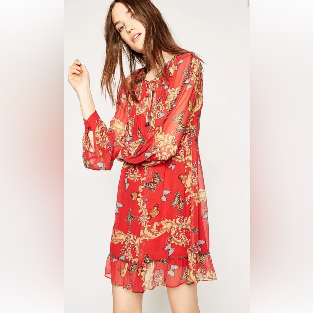 The Kooples Red Butterfly Print Long Sleeve silk Dress size small